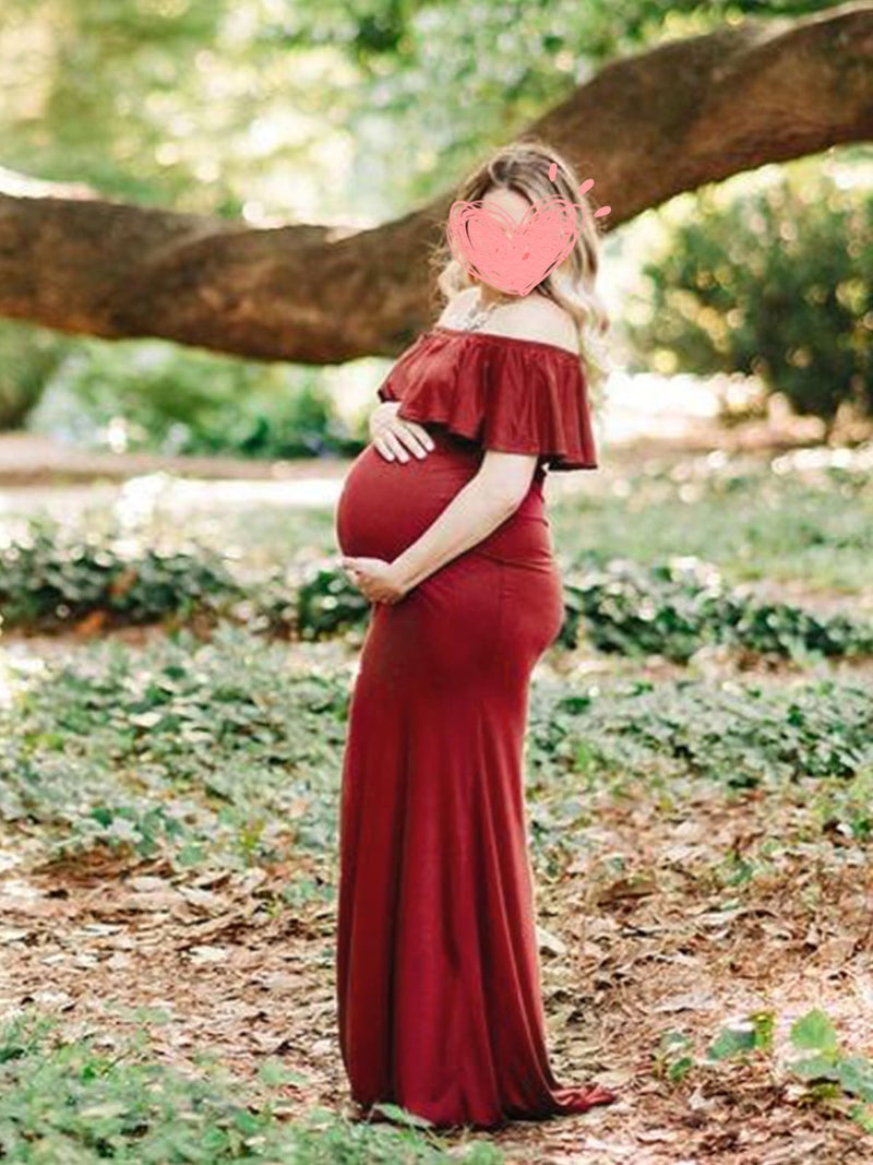 Glampunch Womens Off Shoulder Maternity Dress Ruffles Elegant Slim Gowns Fit Maxi Photography Dress Burgundy - Image 4